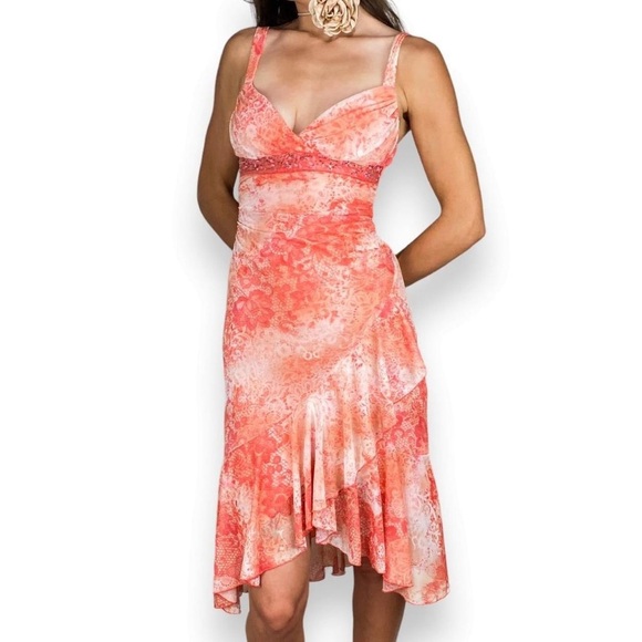 Vintage Y2K Baby Doll Peachy Floral Fairy Whimsy Tiered Ruffle Mini Dress - Picture 1 of 9